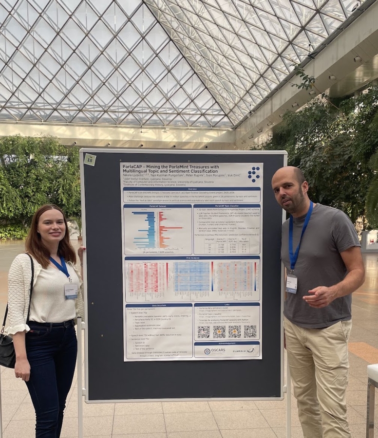 Taja Kuzman and Nikola Ljubešić presenting ParlaCAP